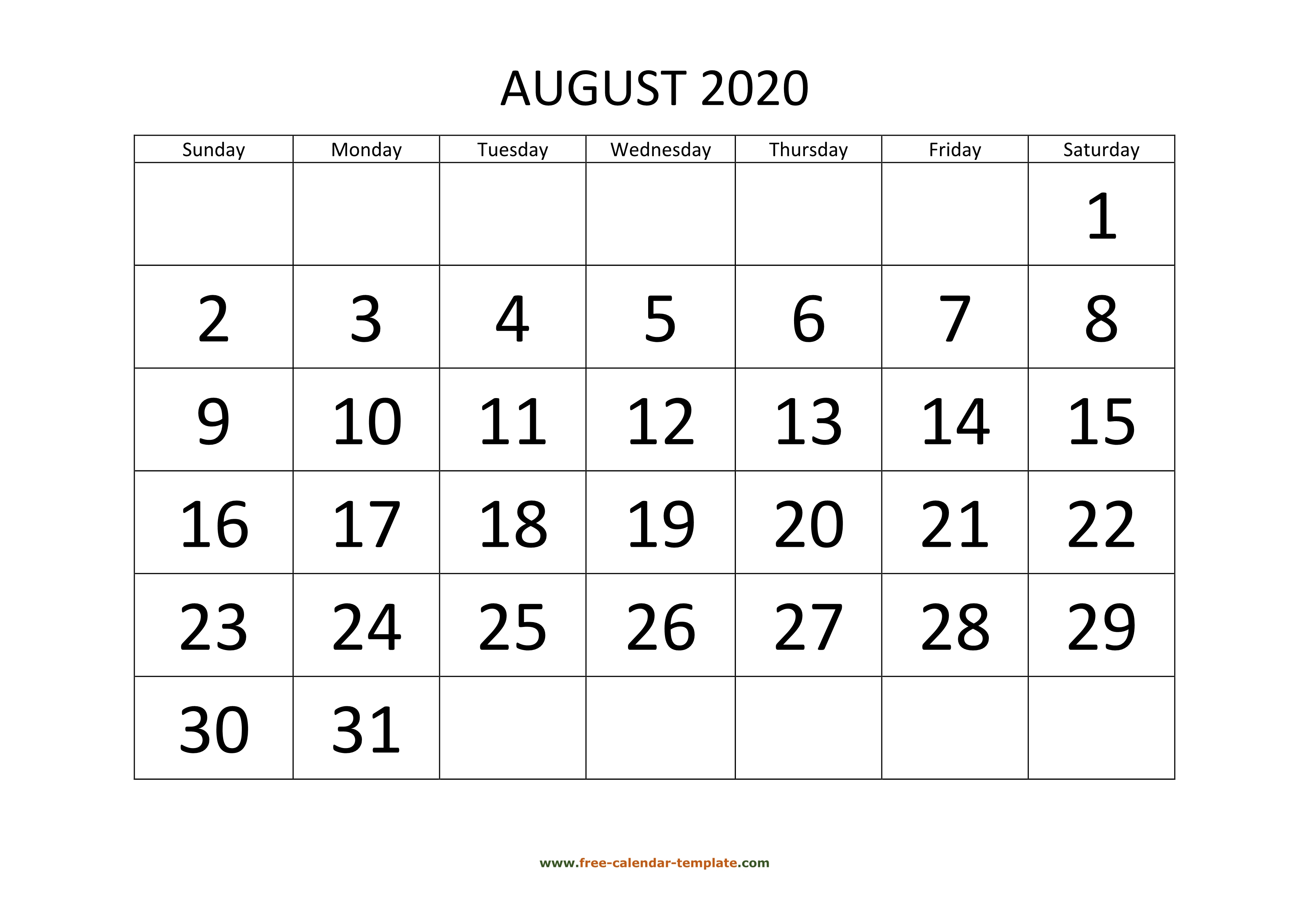 August 2020 Calendar Designed With Large Font (Horizontal