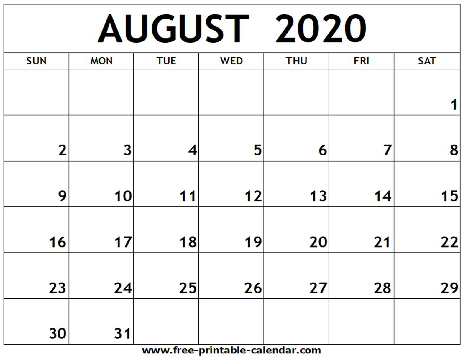 August 2020 Printable Calendar - Free-Printable-Calendar