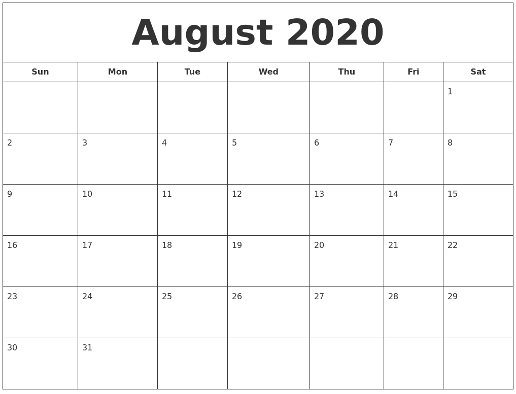 August 2020 Printable Calendar-June July 2020 Monthly