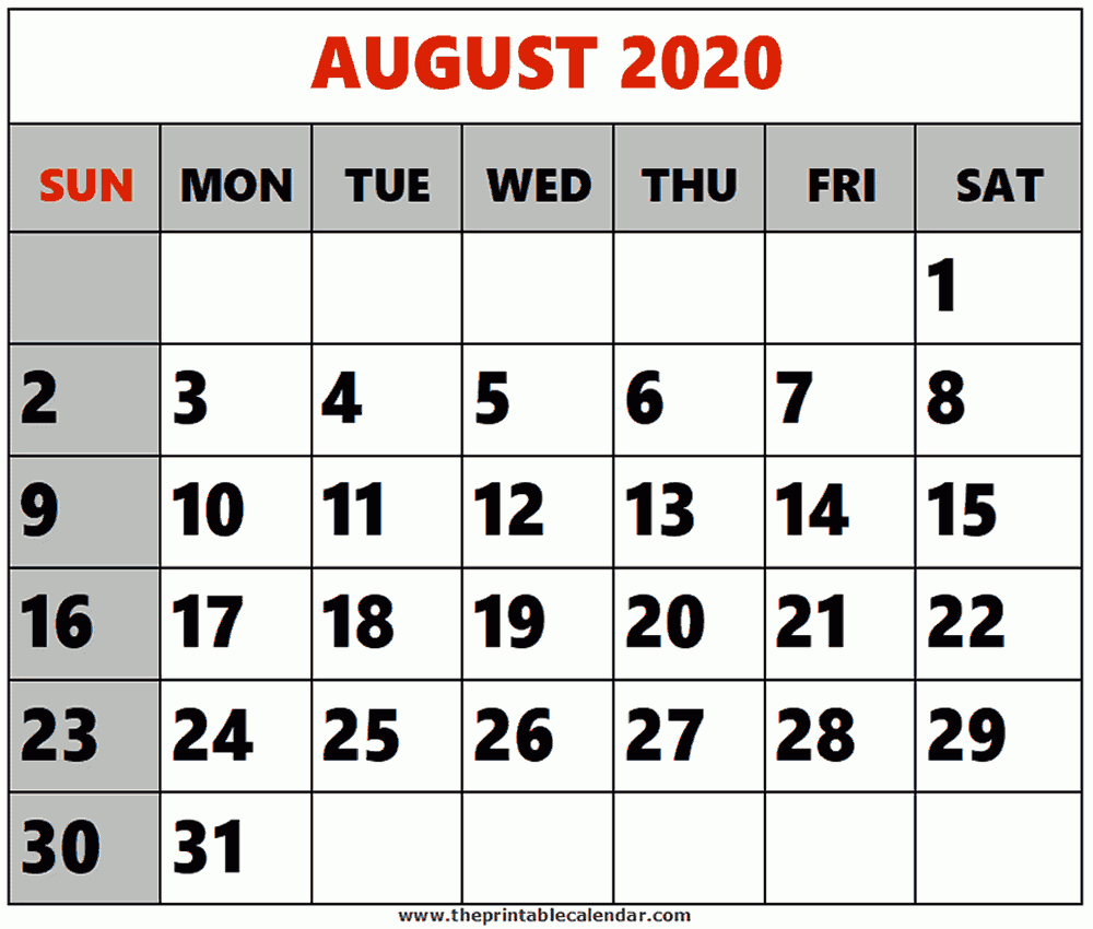 Large Print Calendar 2020 August | Example Calendar Printable