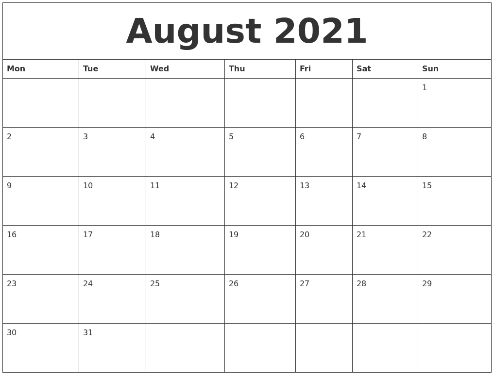 August 2021 Free Printable Weekly Calendar