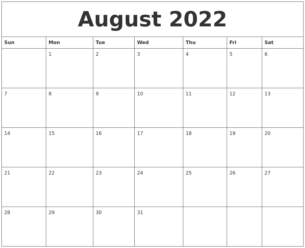 August 2022 Free Printable Monthly Calendar