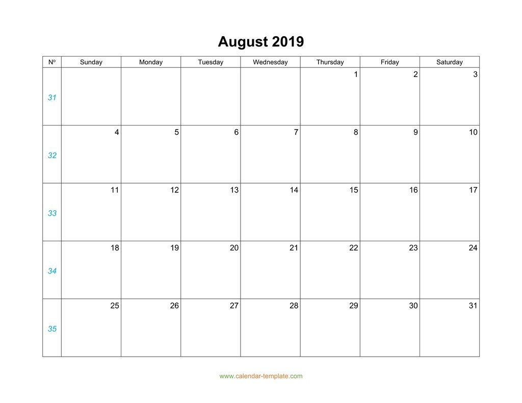 August Calendar 2019 Blank Template
