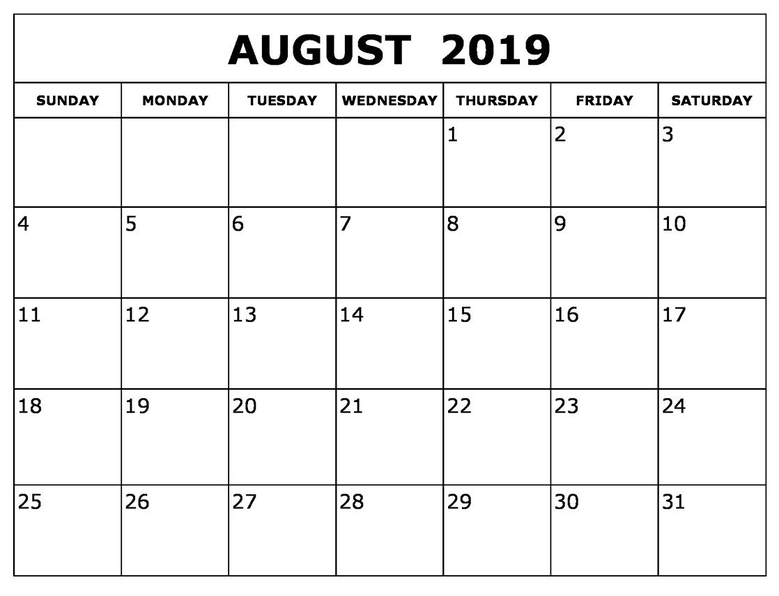 August Calendar 2019 Waterproof | Blank Calendar Template