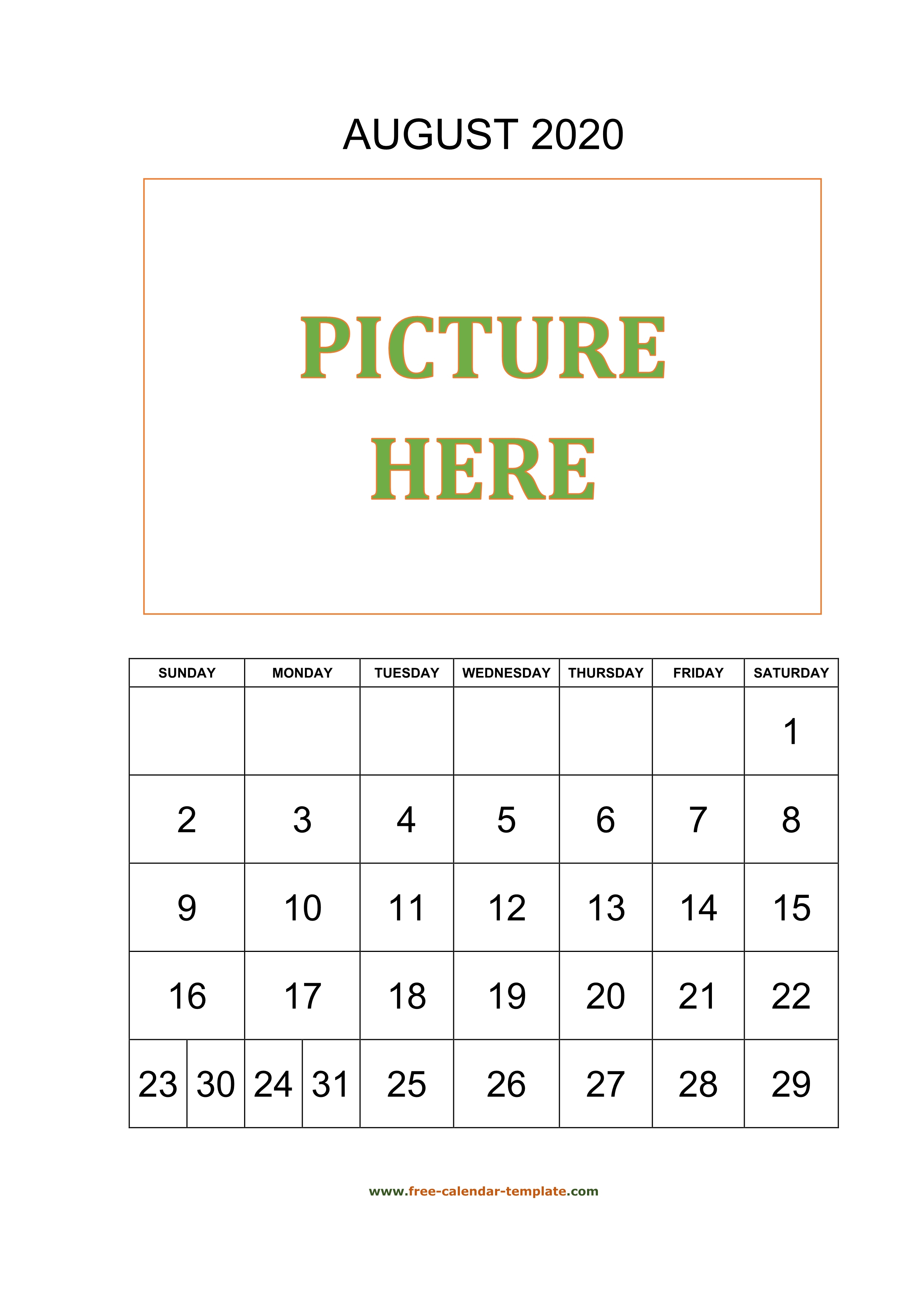 August Printable 2020 Calendar, Space For Add Picture