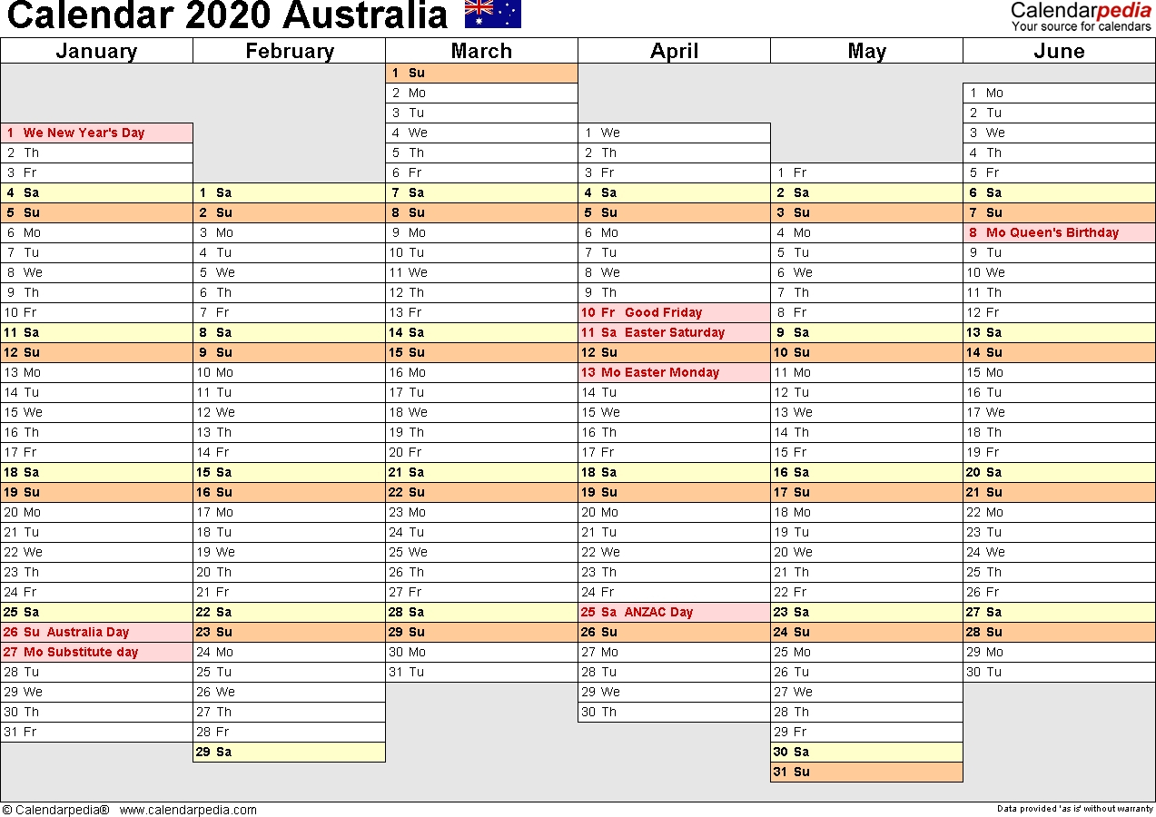 Australia Calendar 2020 – Free Printable Word Templates-Free