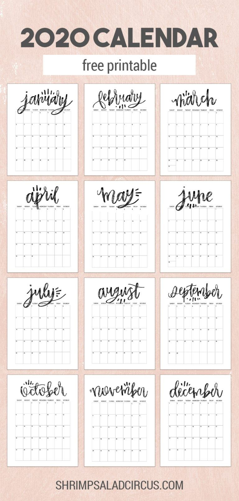 Beautiful Free 2020 Printable Calendar | Free Calender, Free