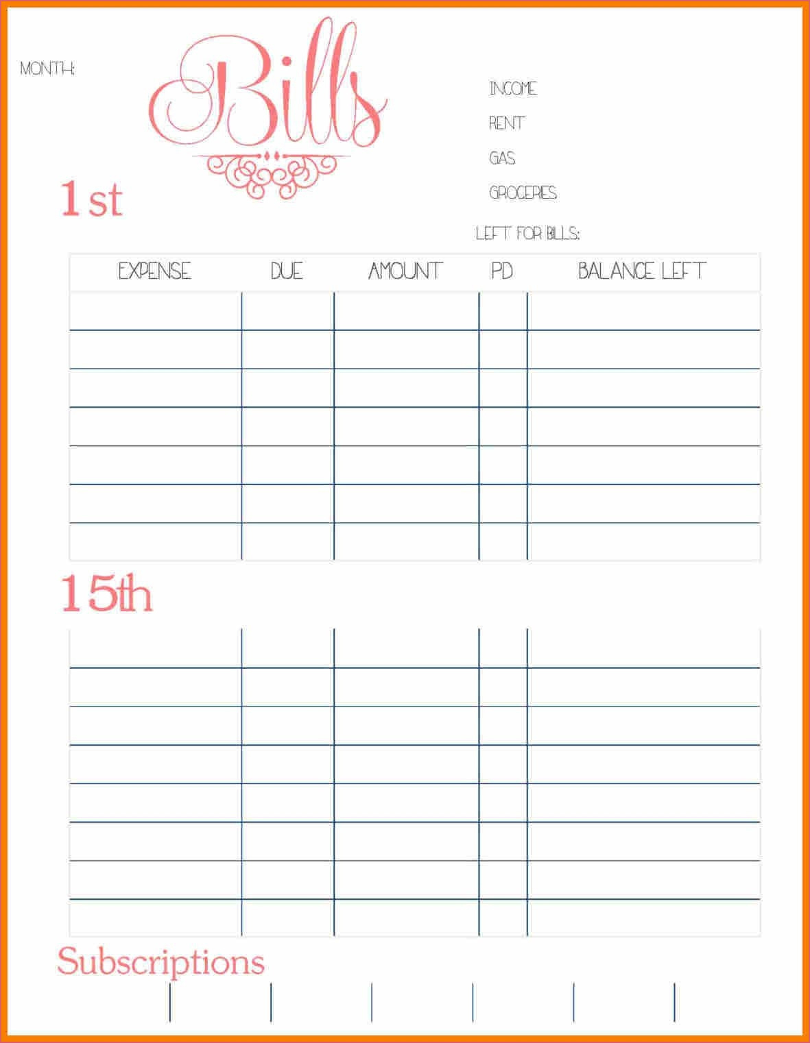 Best Free Printable Bill Tracker | Coleman Blog