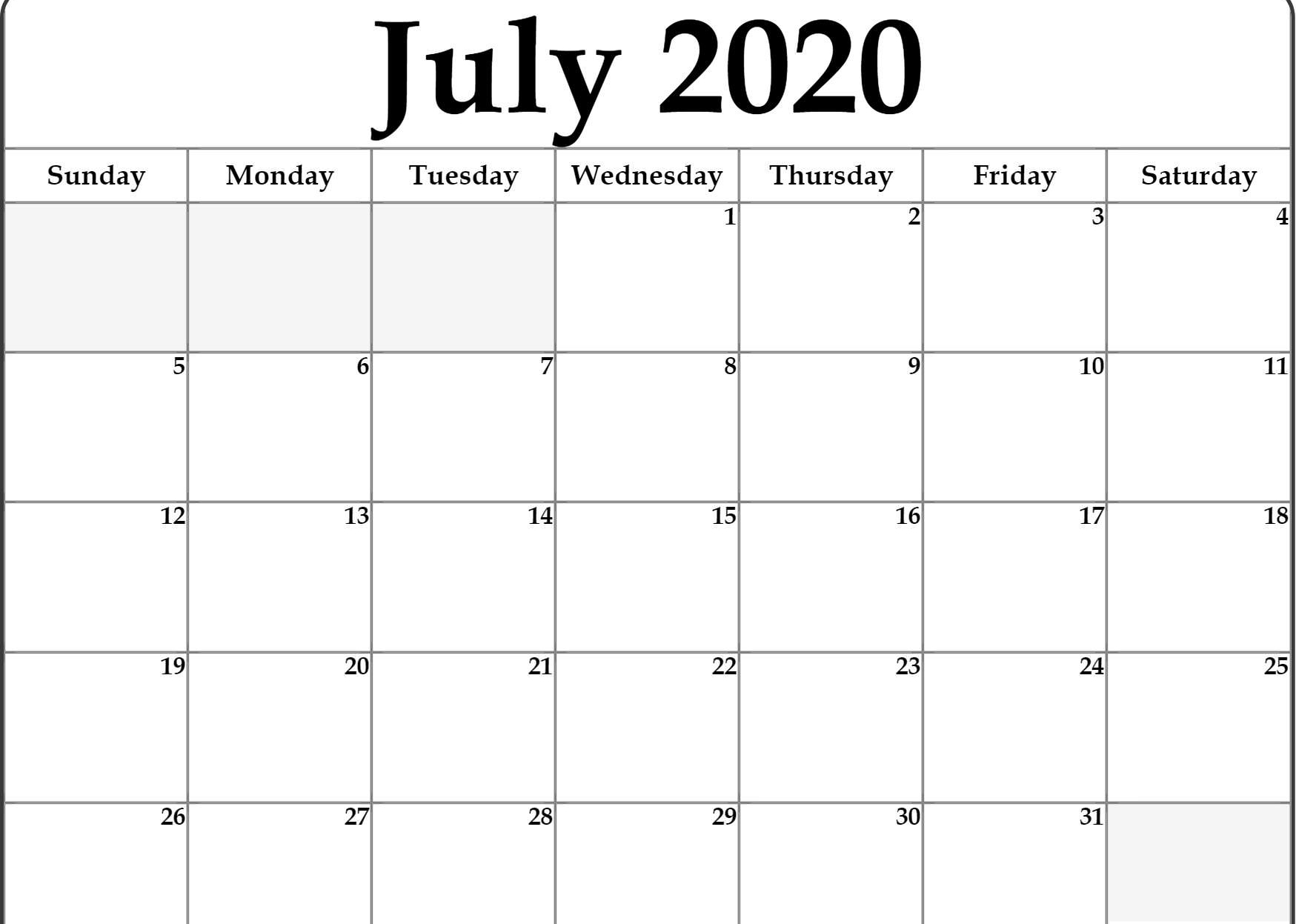 Best Monthly Blank Calendar For July 2020 Printable Template