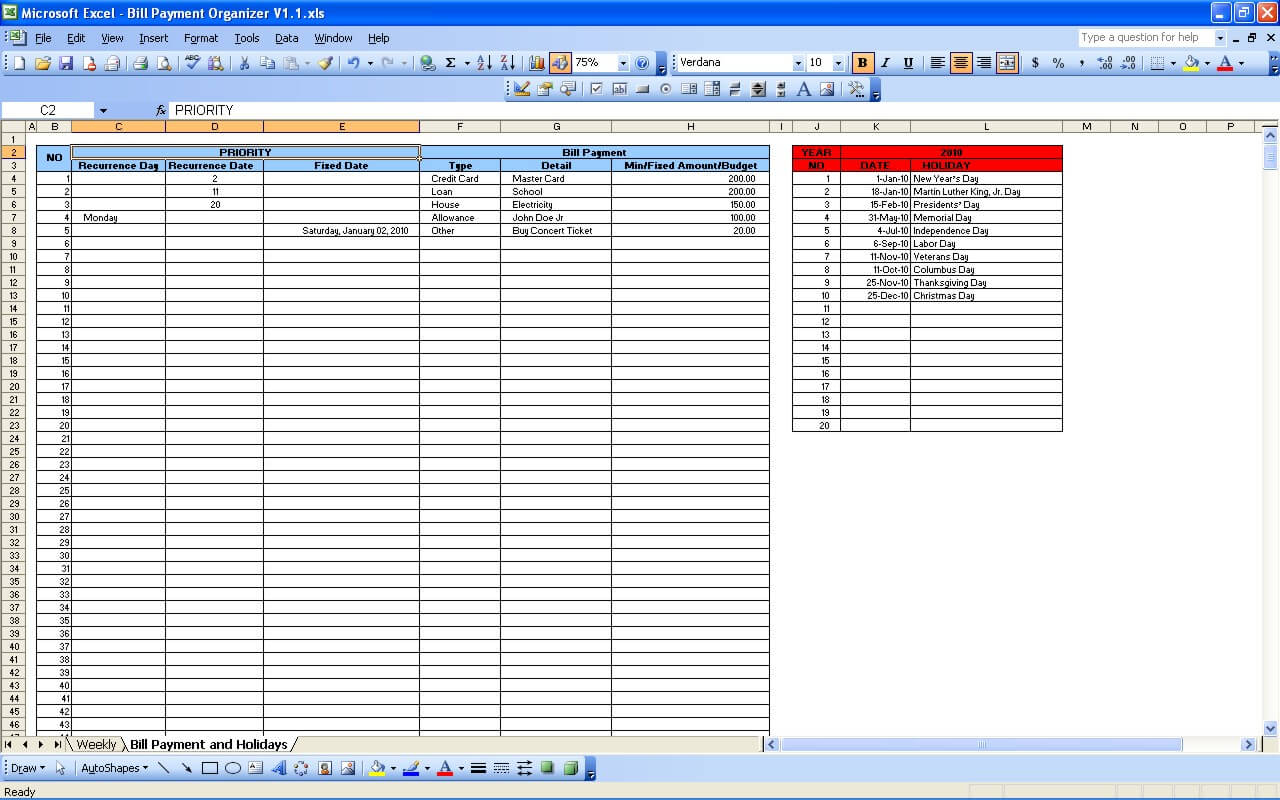 how do i insert a calendar in excel for bill payments