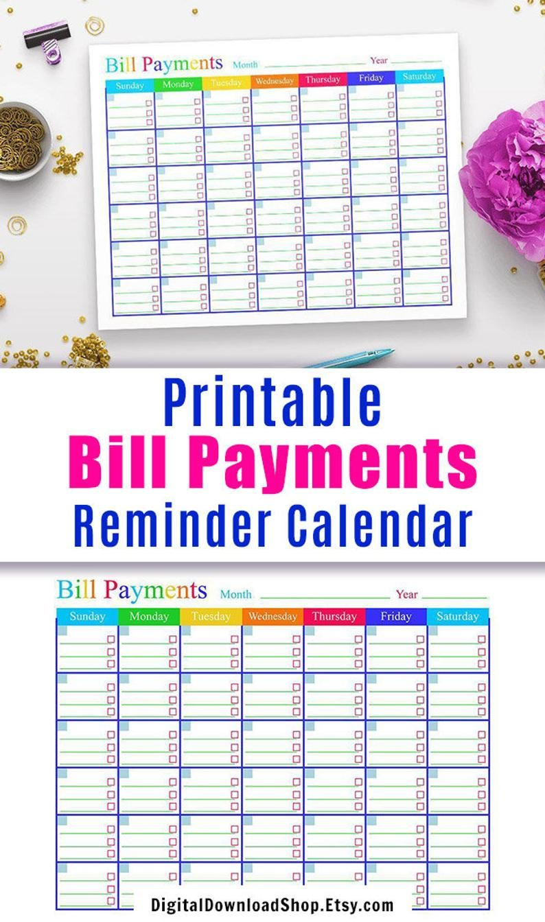 Bill Payments Calendar, Bills Tracker, Bill Calendar, Bills