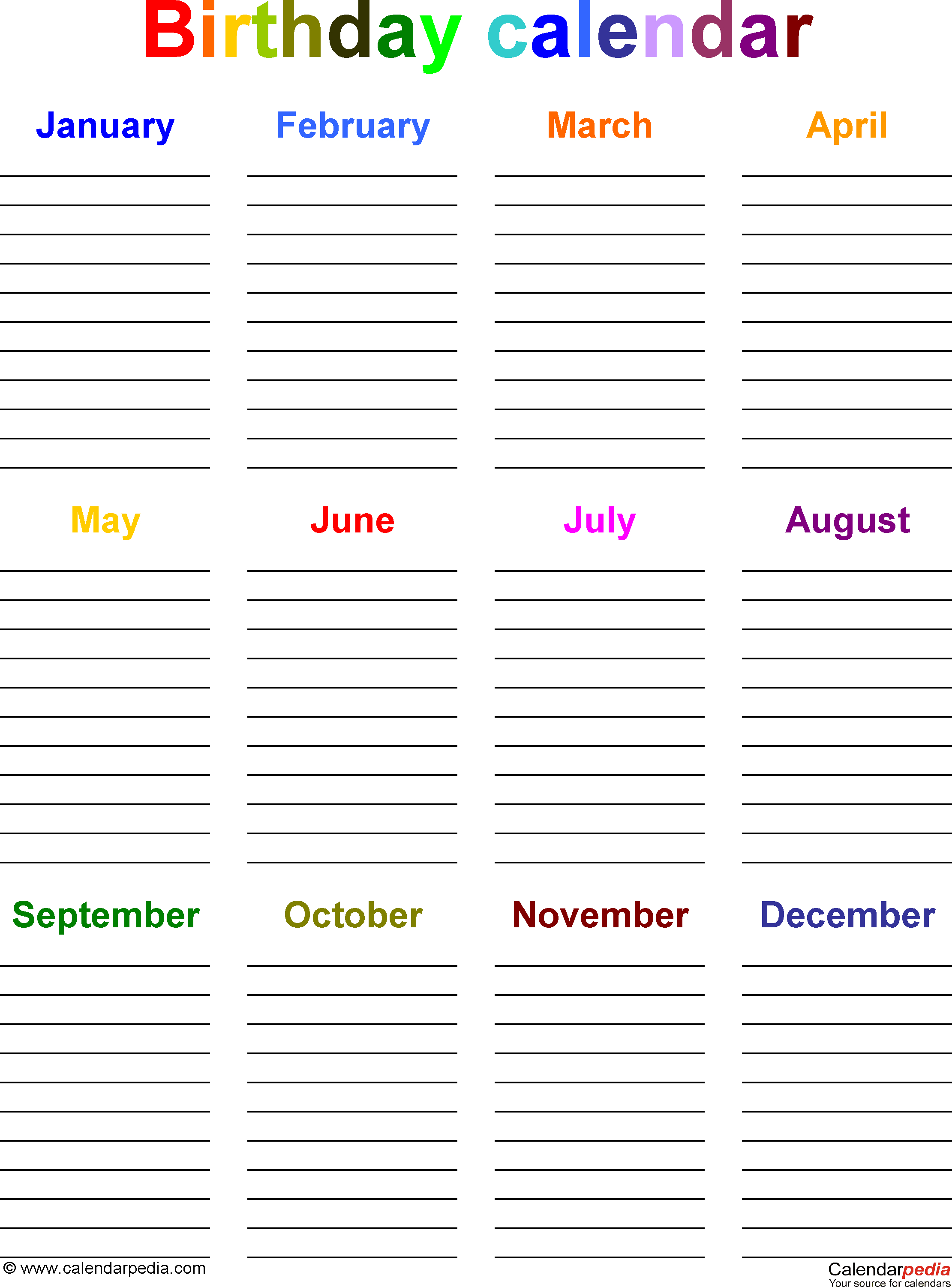 Birthday Calendars - Free Printable Microsoft Word Templates