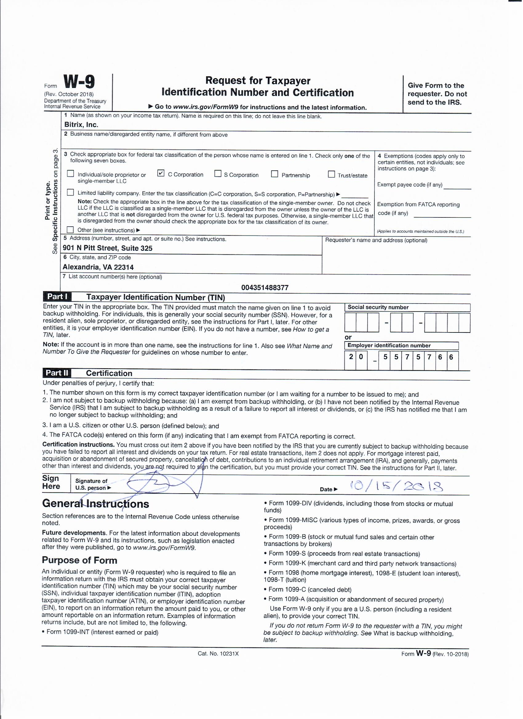 Bitrix, Inc. W9 Form