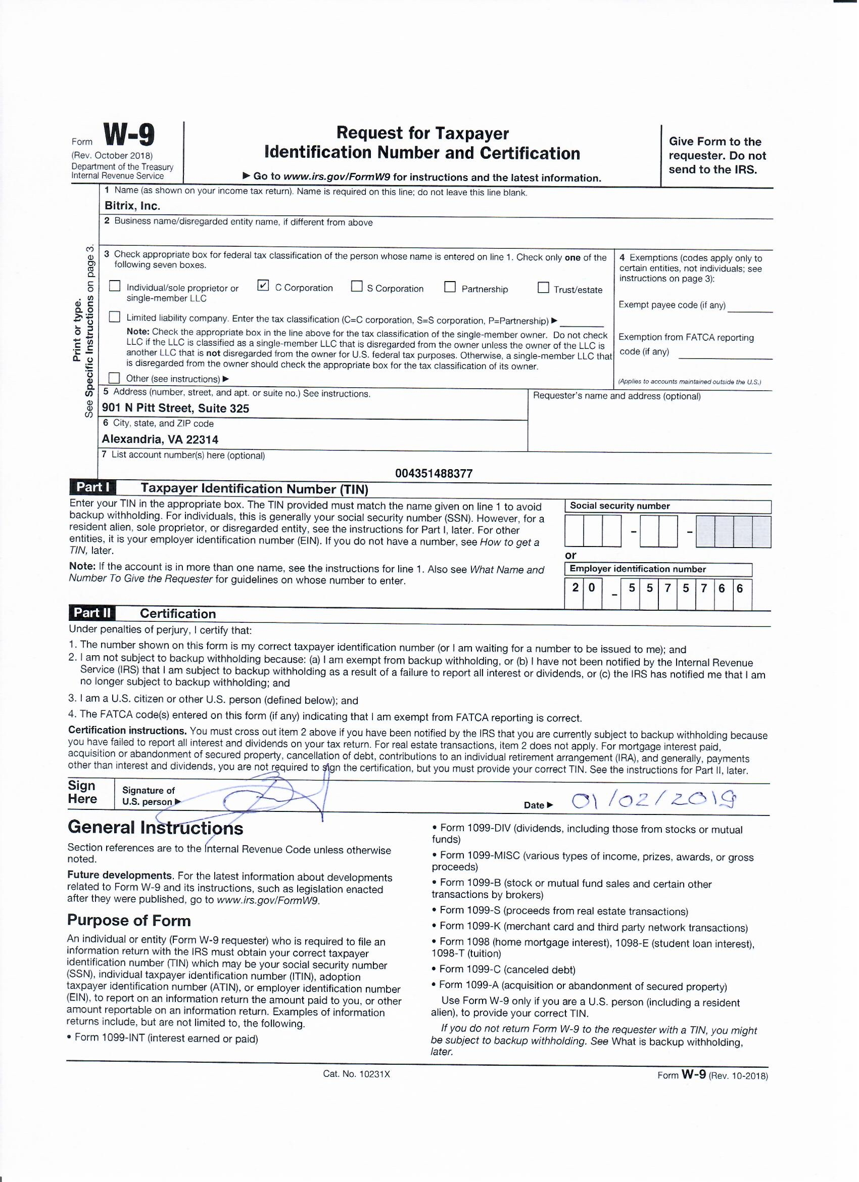 Bitrix, Inc. W9 Form