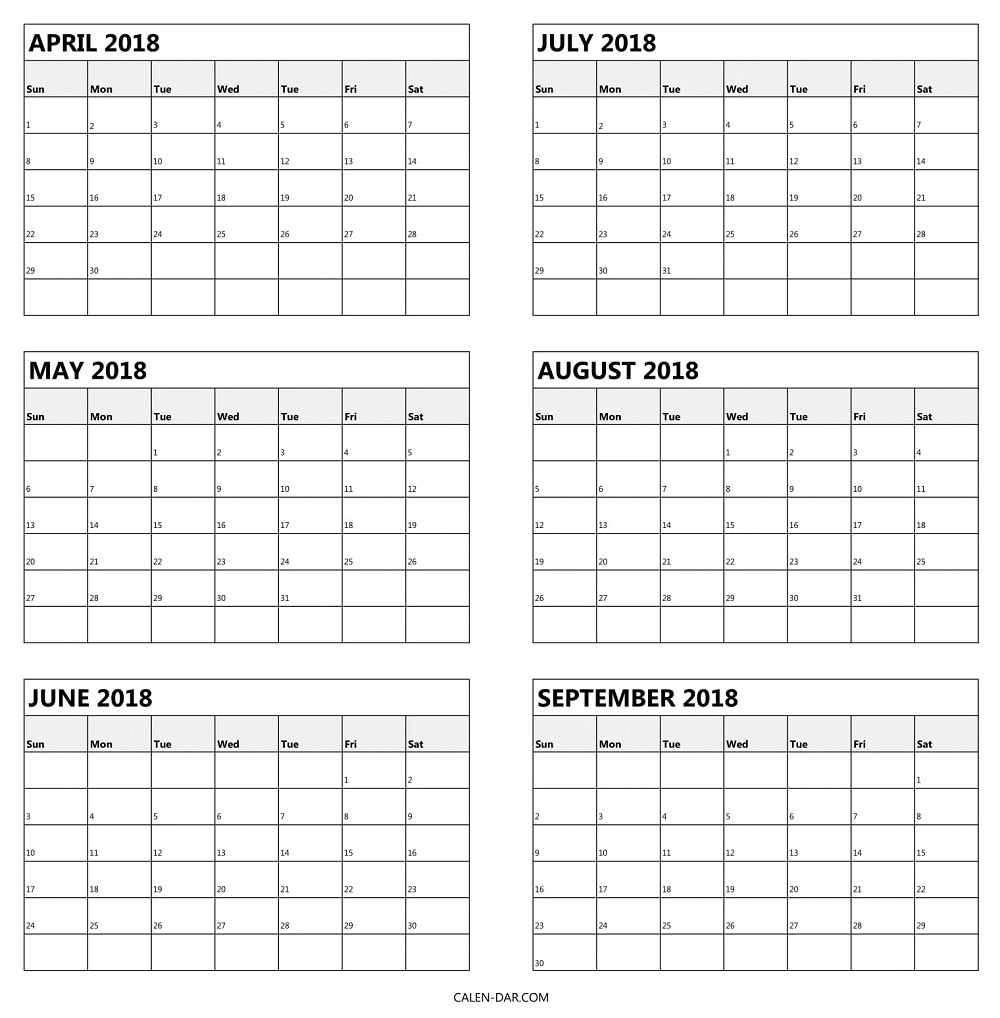 Blank April To September 2018 Calendar Printable | 6 Month