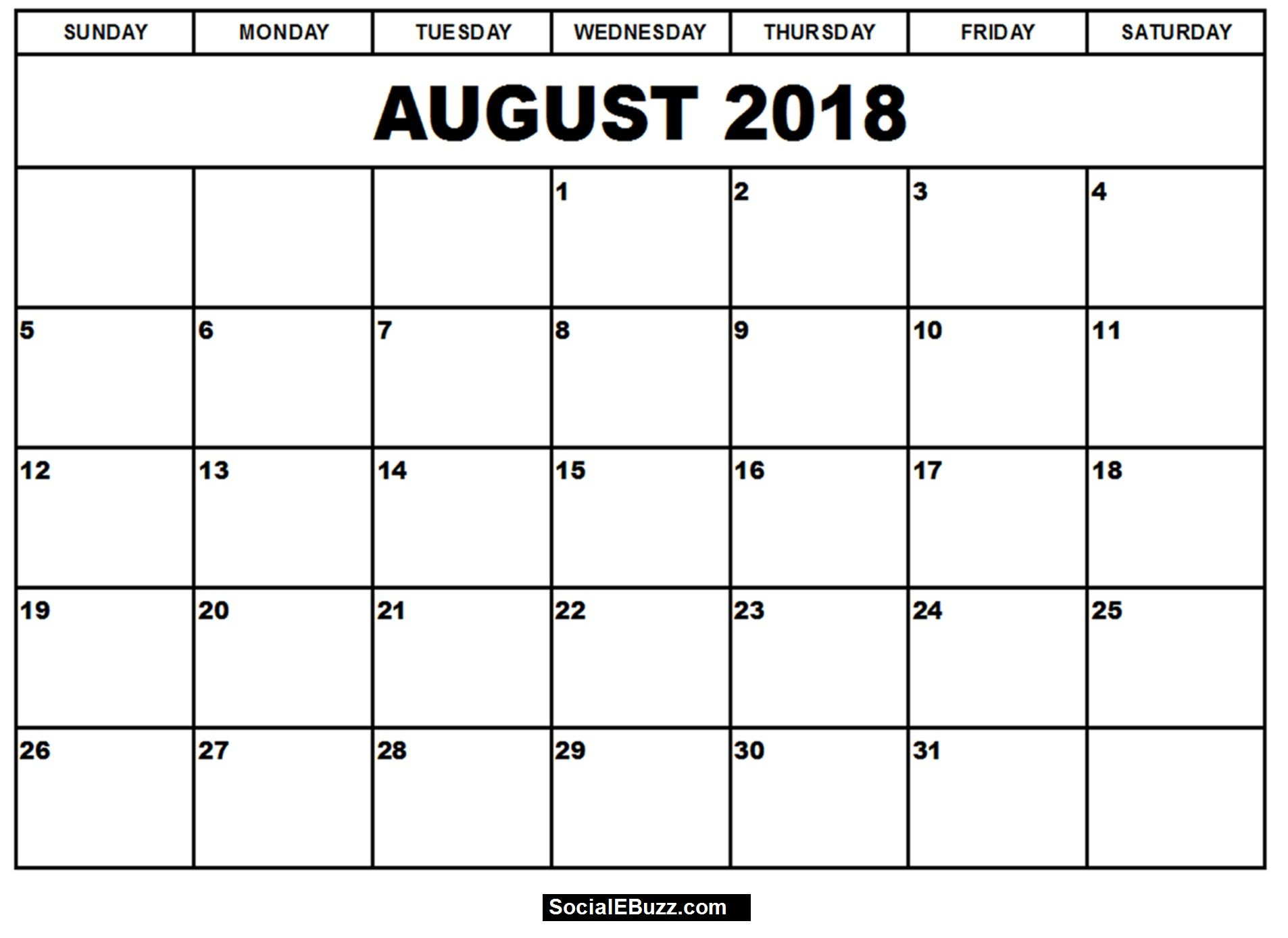 Blank August 2018 Calendar, August 2018 Printable Calendar