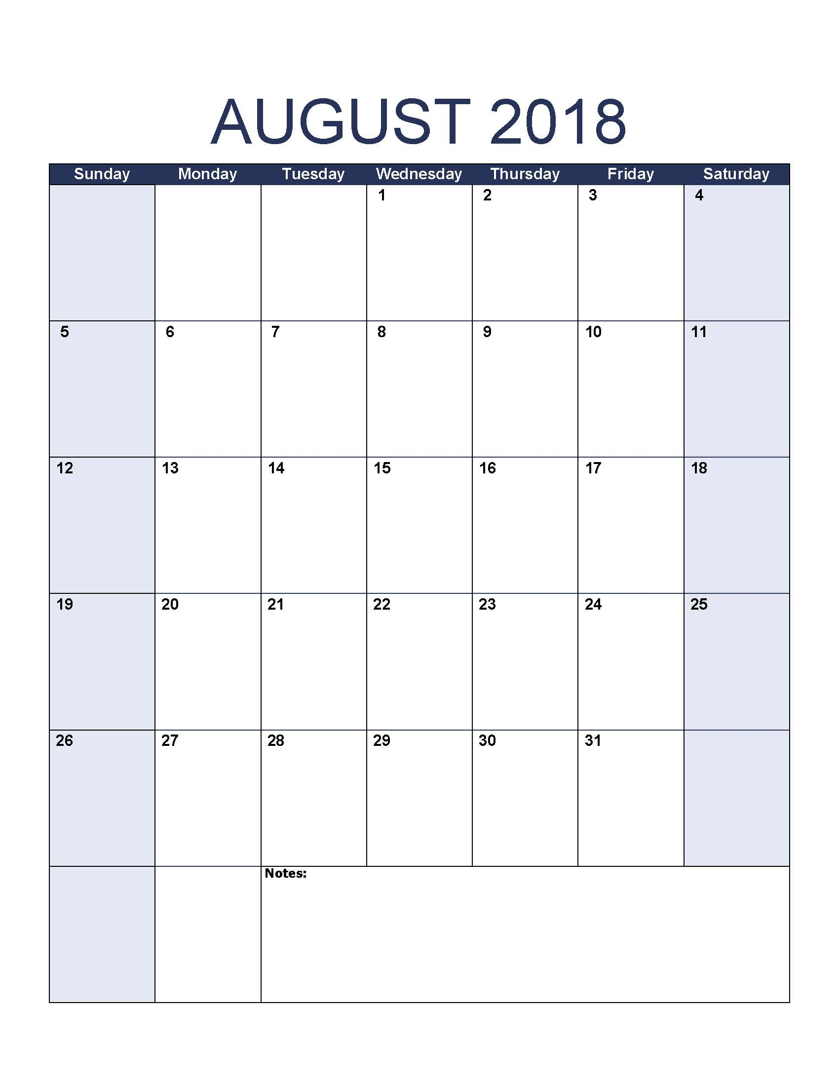 Blank August 2018 Calendar To Print