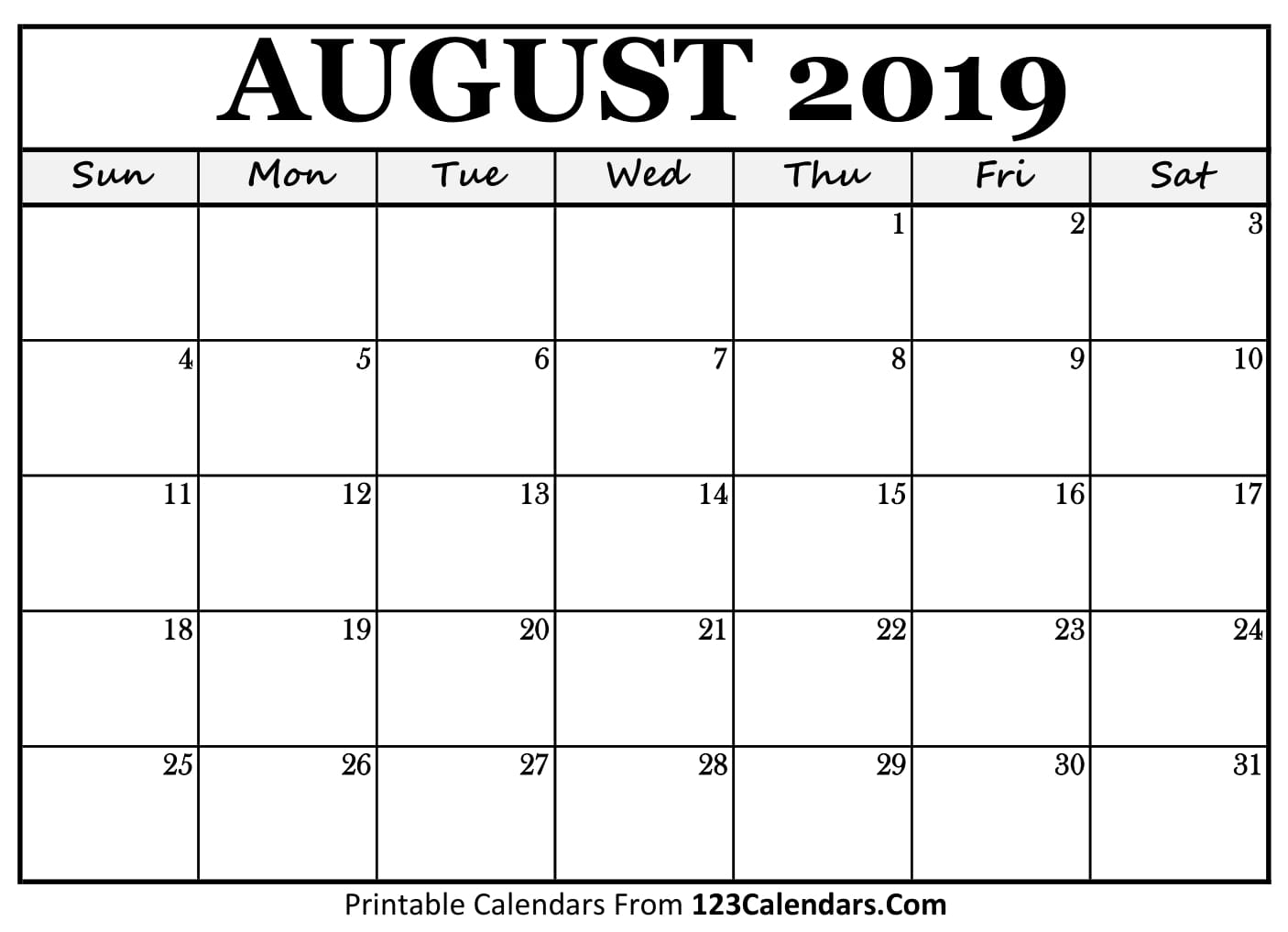 Blank August 2019 Calendar To Print