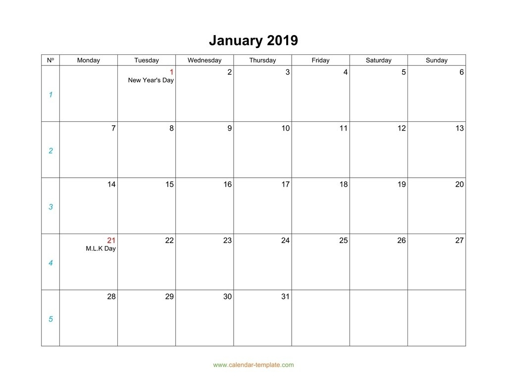 Blank Calendar 2019-Monthly Calendars Start Monday – Monthly