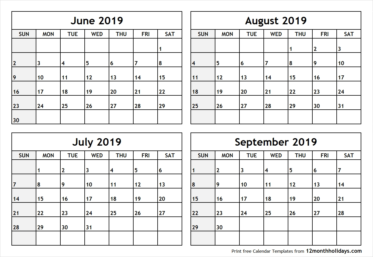 Blank Calendar June July August 2019