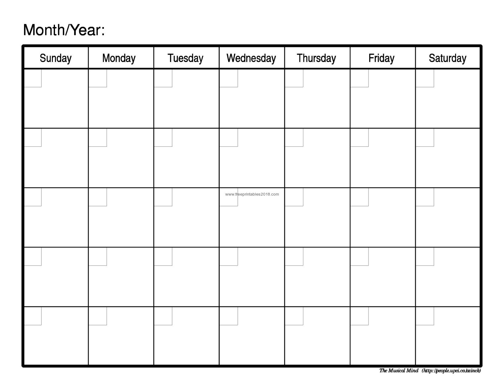 printable monthly calendar sunday to saturday no dates example