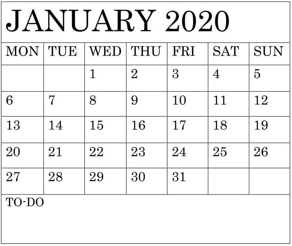 Blank January 2020 Calendar Monthly Template – Free Latest