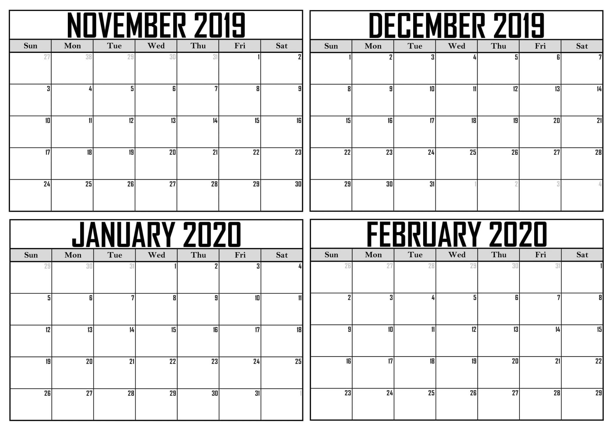 Blank November 2019 To February 2020 Calendar - 2019