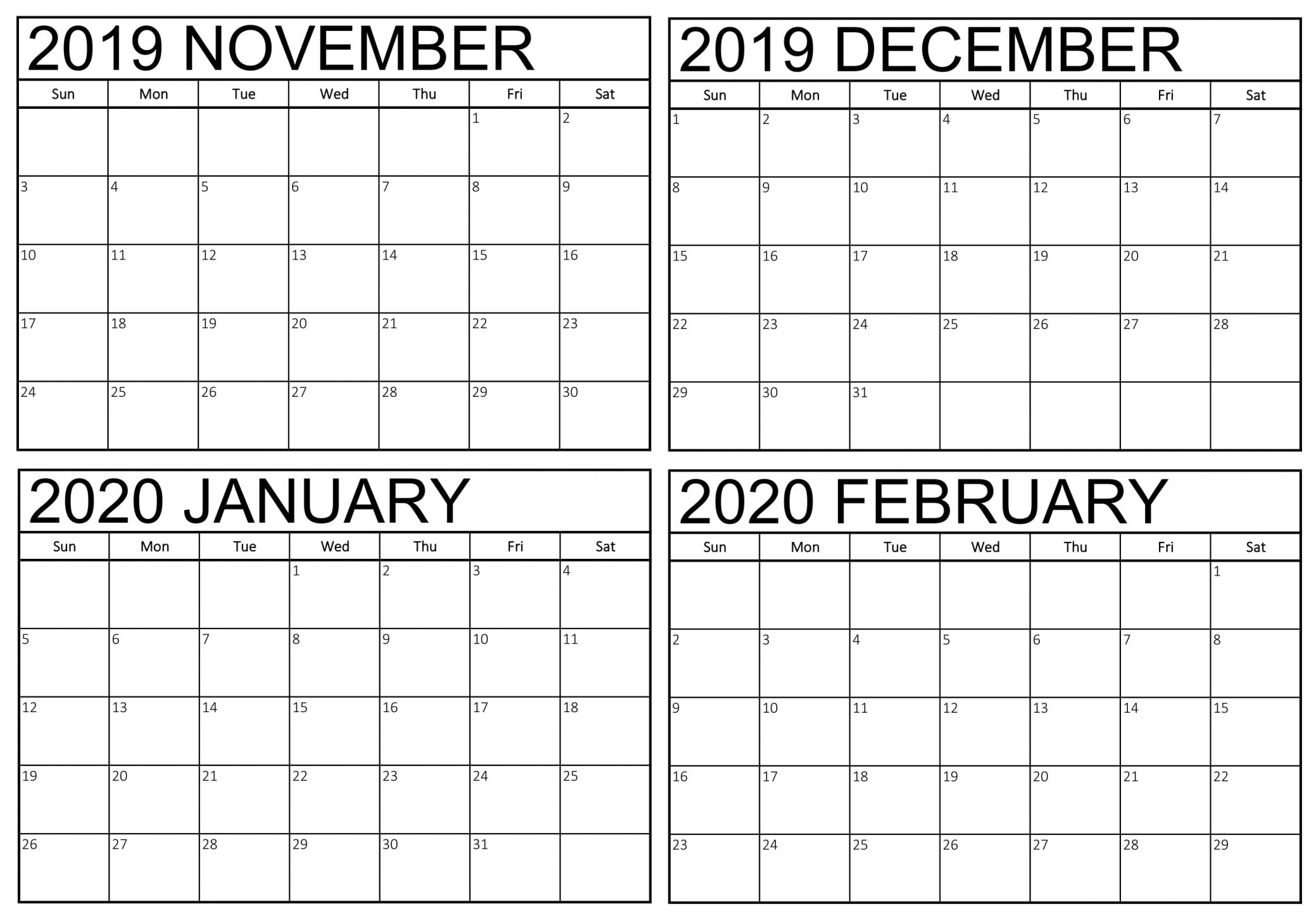 Blank November 2019 To February 2020 Calendar - 2019