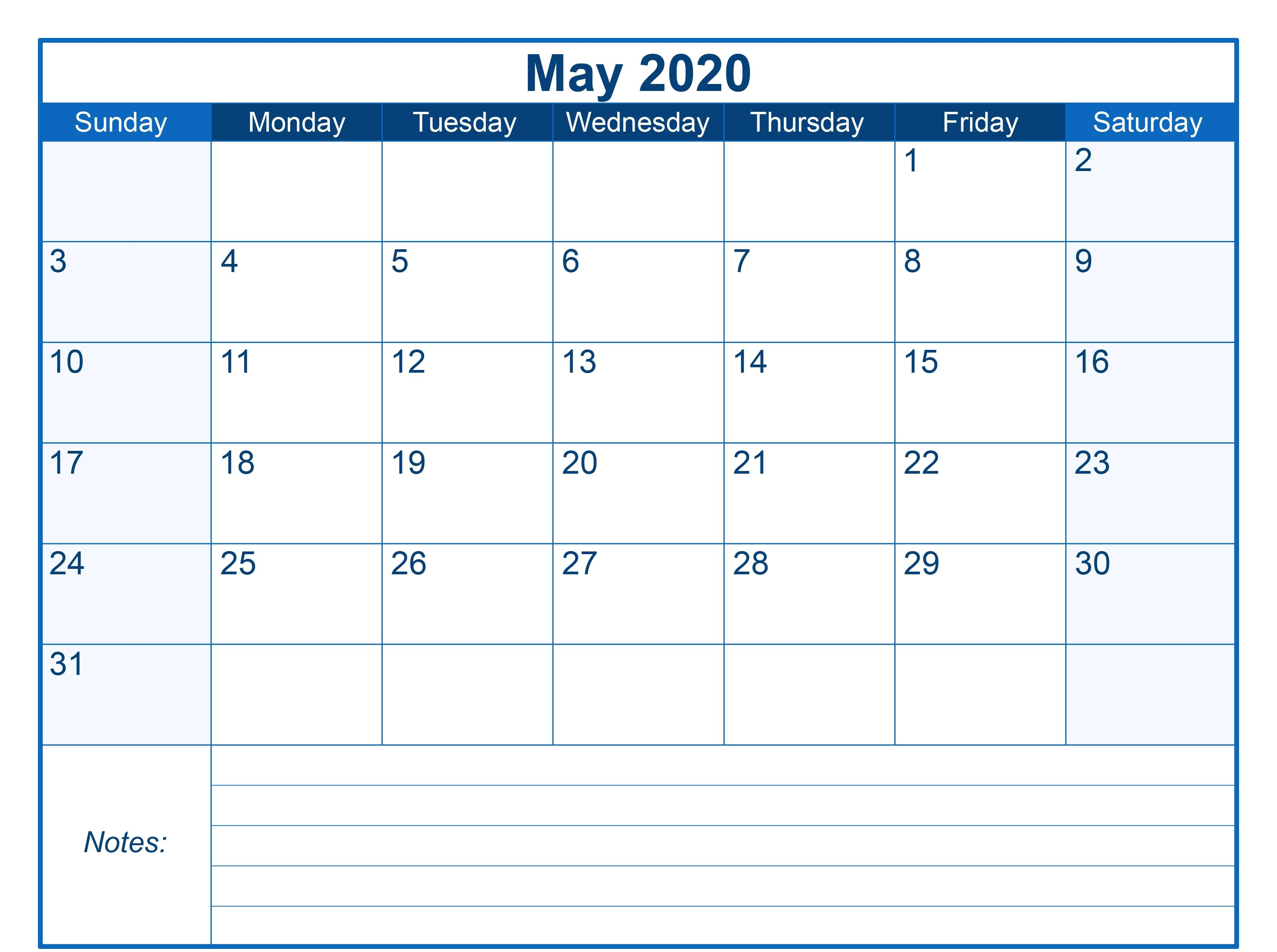 Blank Printable May 2020 Calendar | Printable Monthly