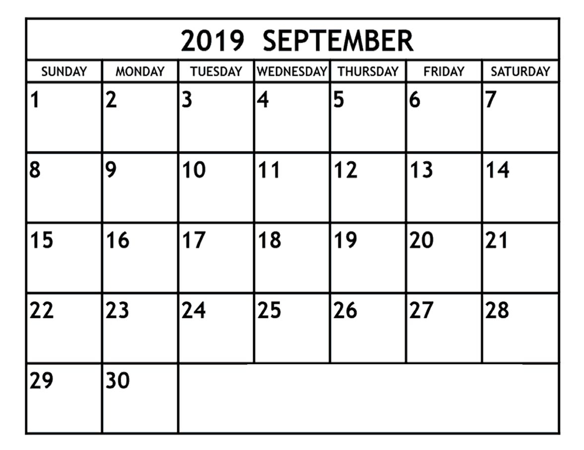 Blank September 2019 Calendar Template In Printable Editable