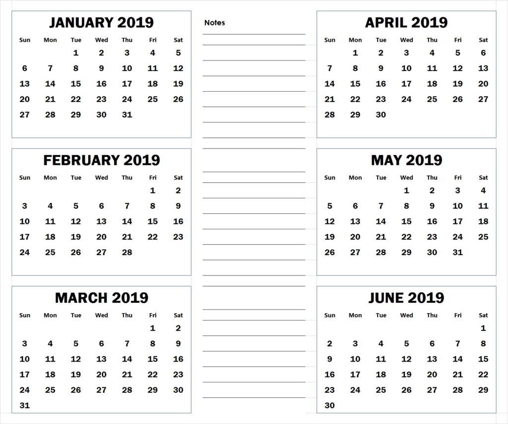 Blank Six Month 2019 Printable Calendar | 2019 Calendar