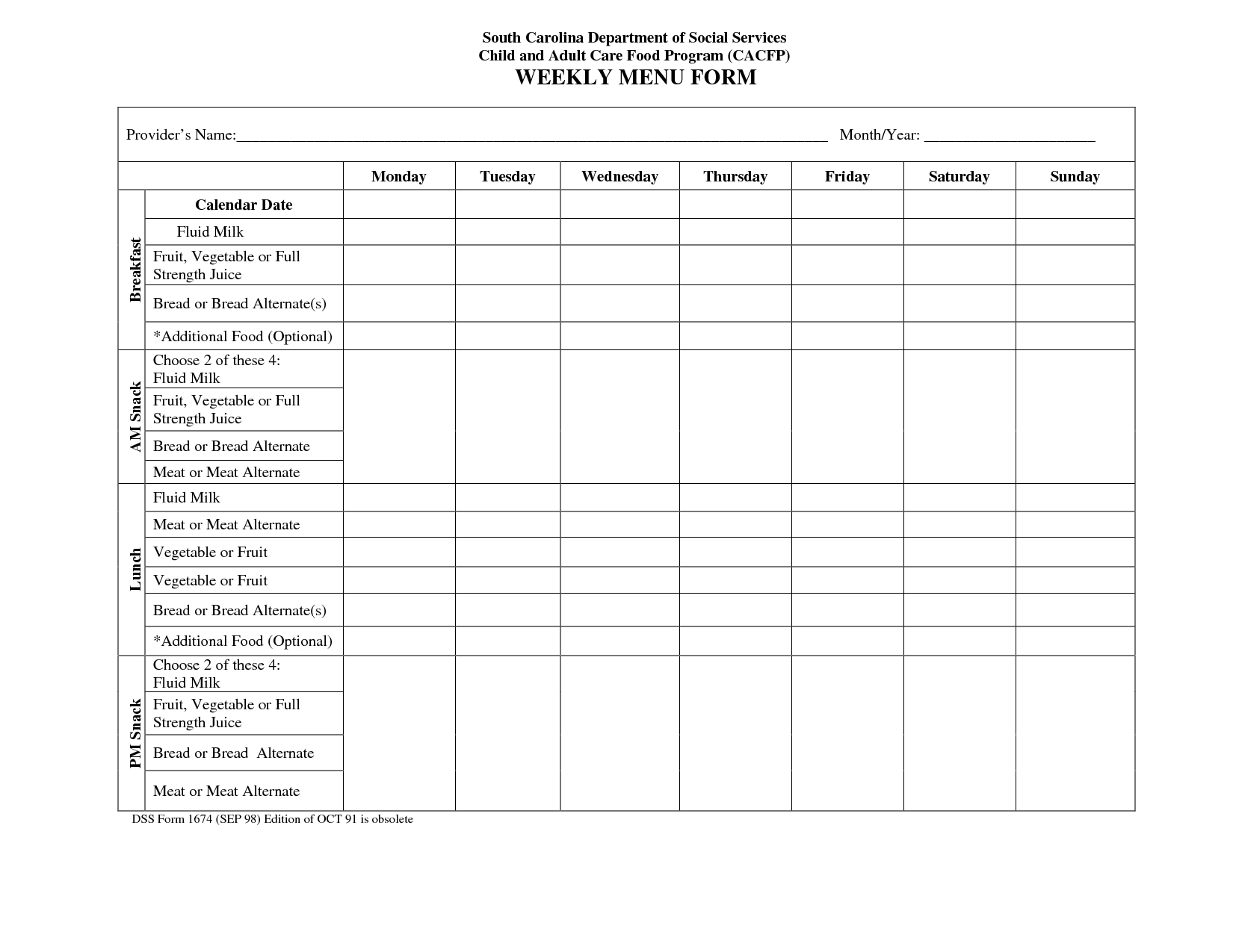 Blank Weekly Menu Calendar In 2020 | Daycare Menu, Menu