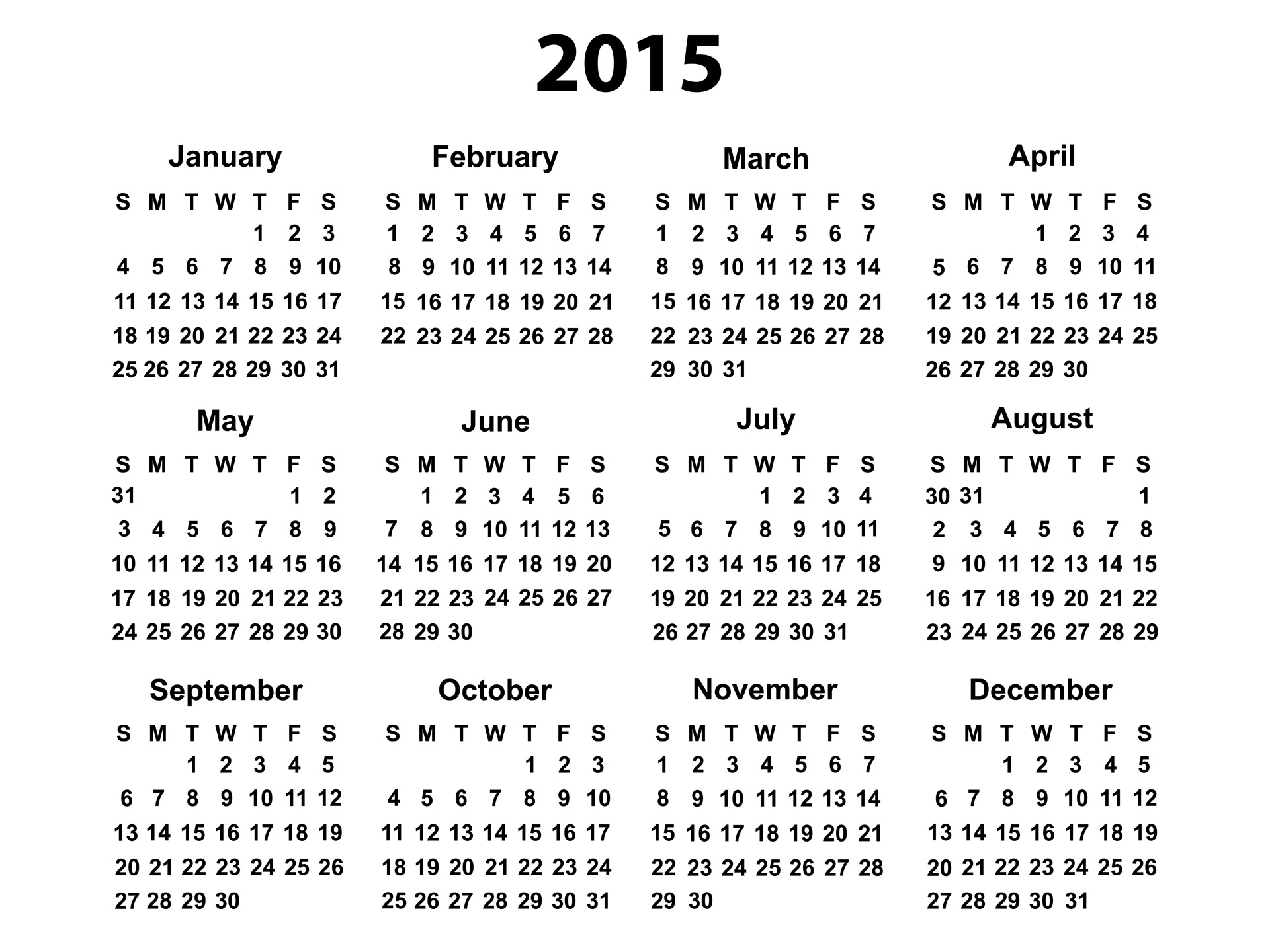 Blank Yearly Calendar 2015 | Templates Free Printable