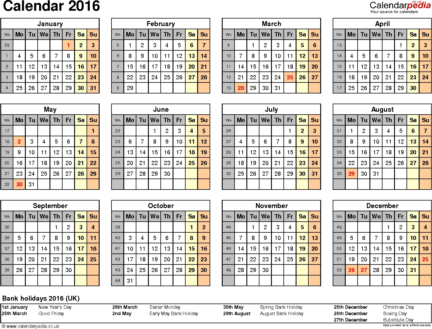 Calendar 2016 (Uk) – 16 Free Printable Pdf Templates-Print A