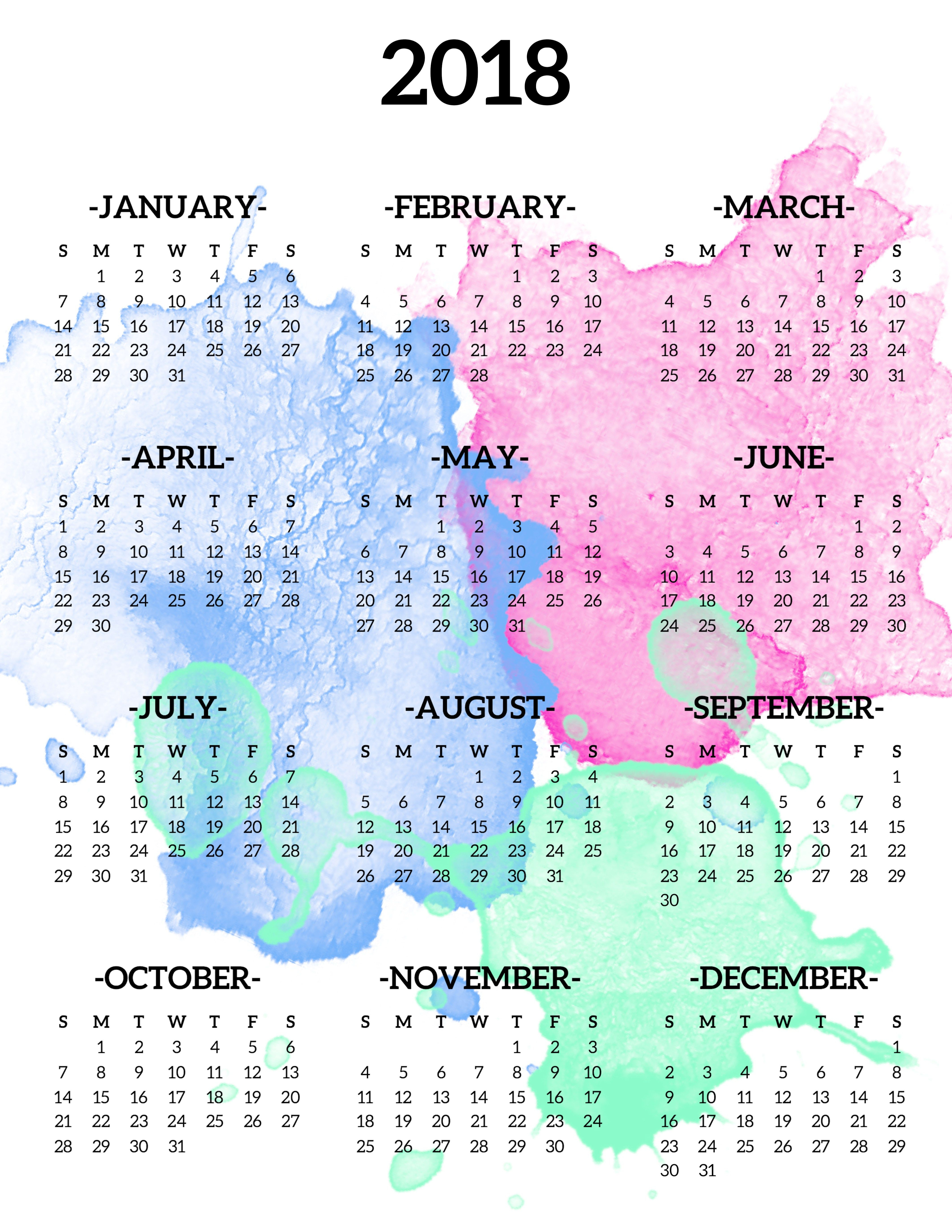 Calendar 2018 Printable One Page | Шаблоны Календарей