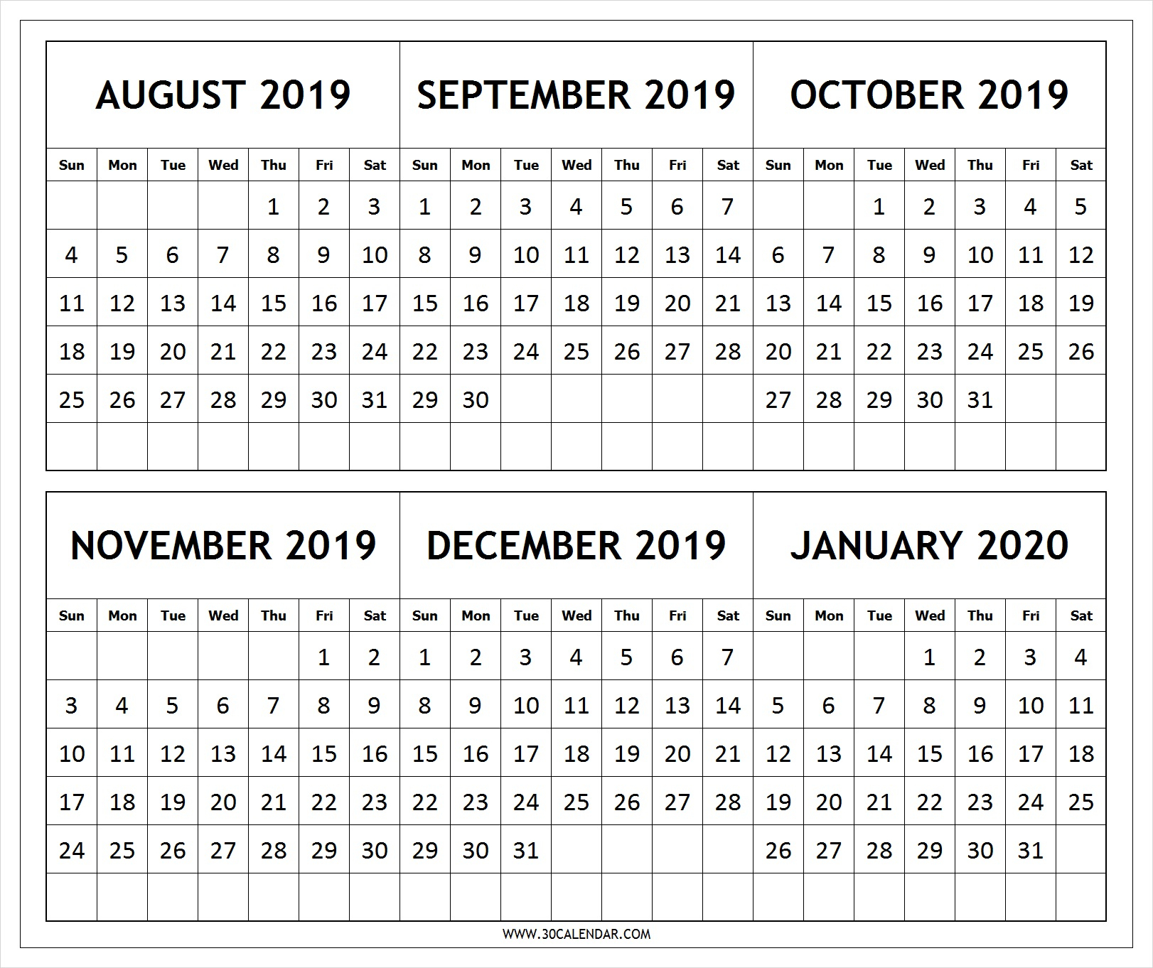 Calendar 2019 August To 2020 January Printable | 6 Month