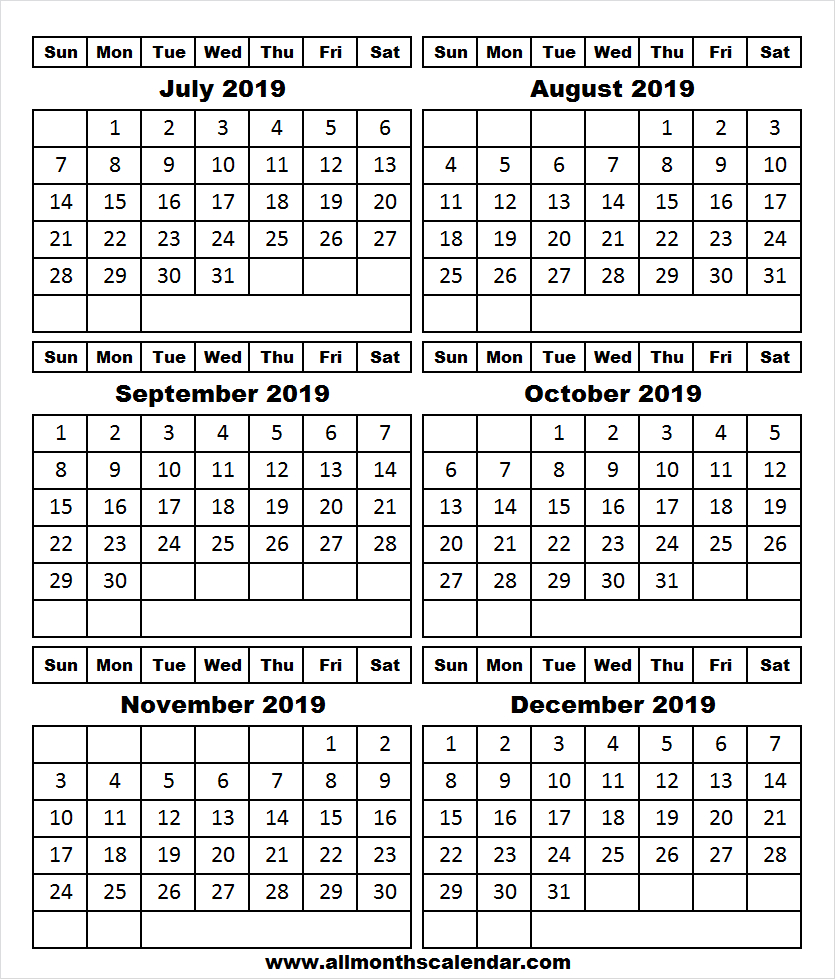 Calendar 2019 July To December Template | 2019 Editable