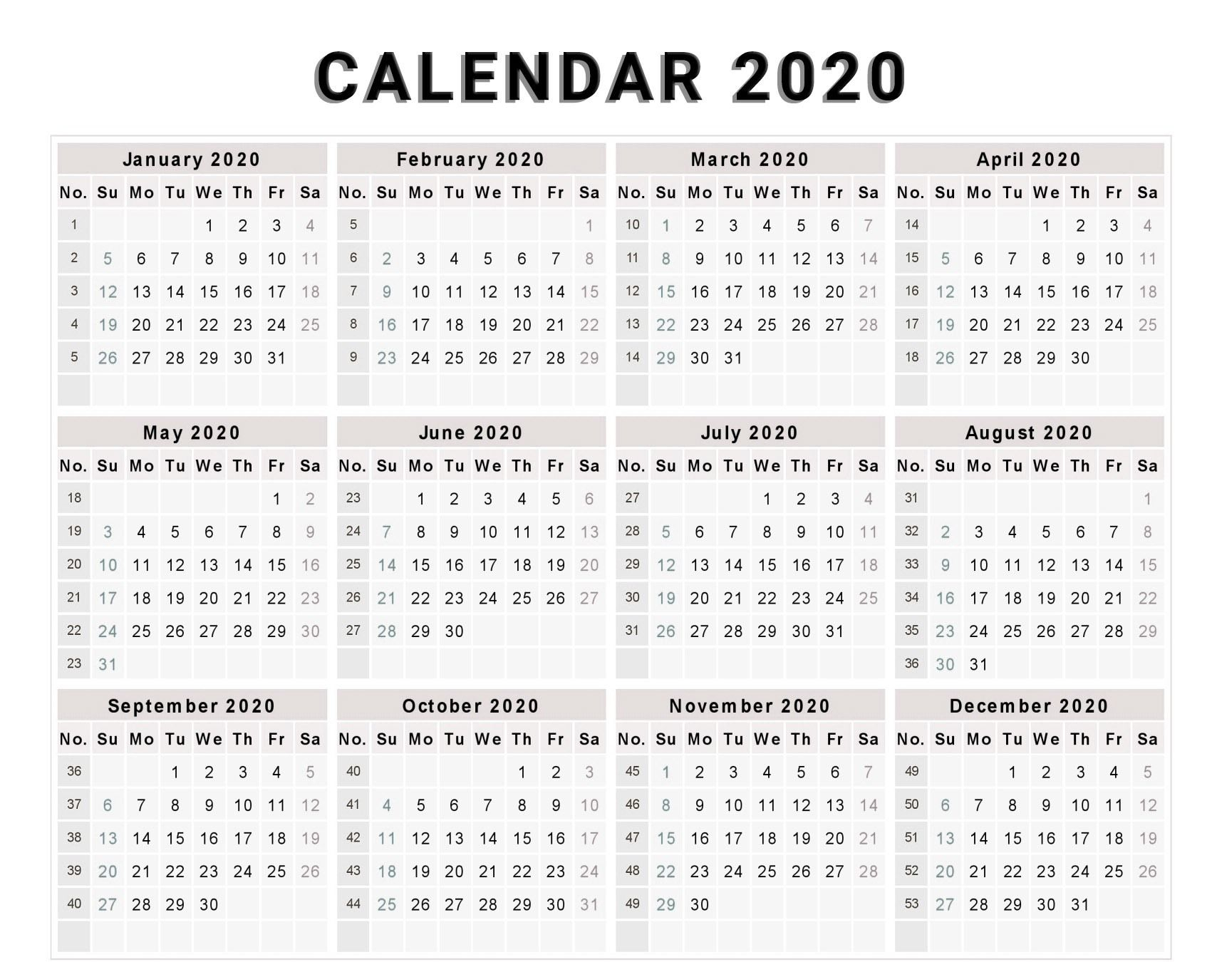 Calendar 2020 Free Template With Weeks | Free Calendar