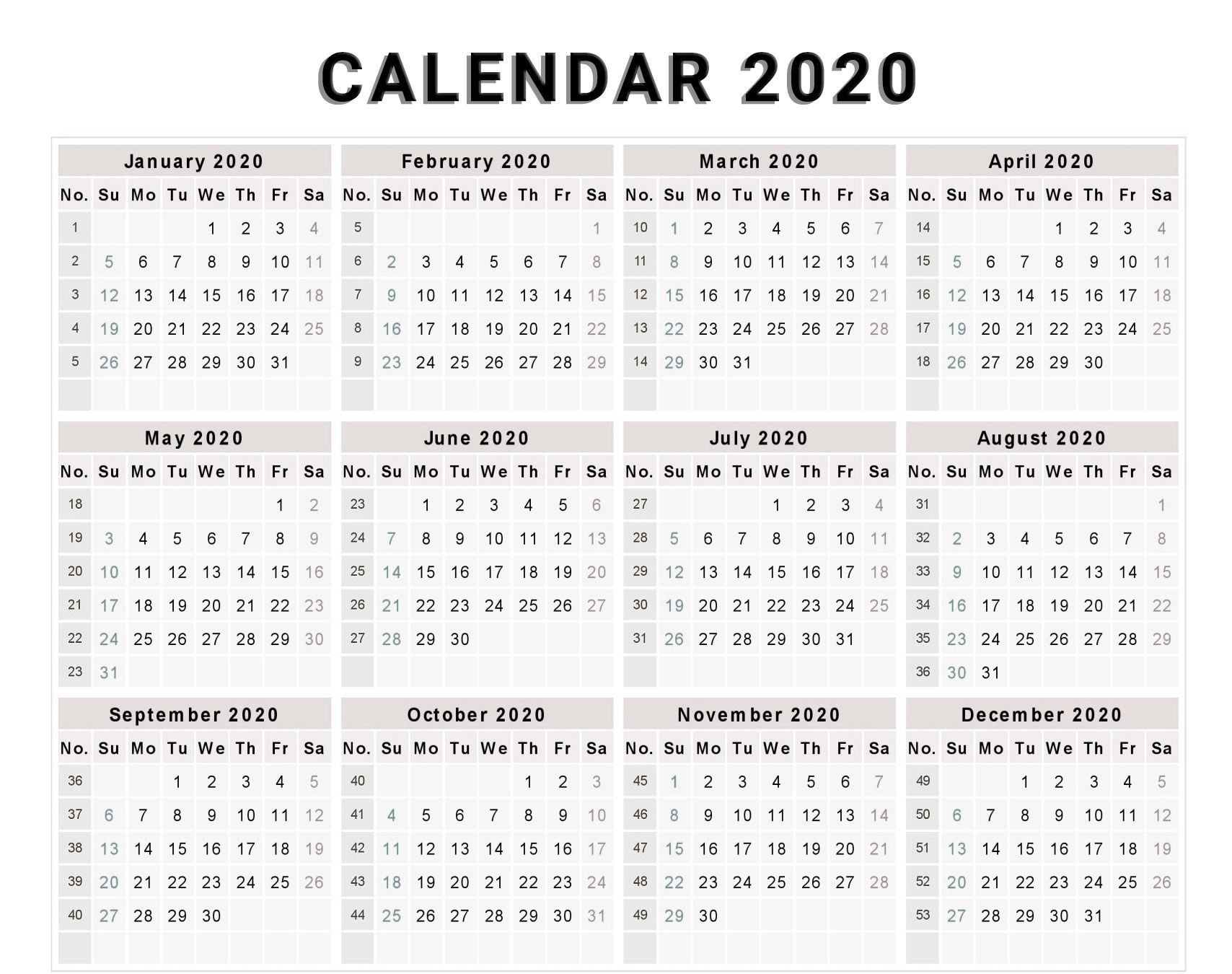 2020-2020 Printable Calendar With No Holidays