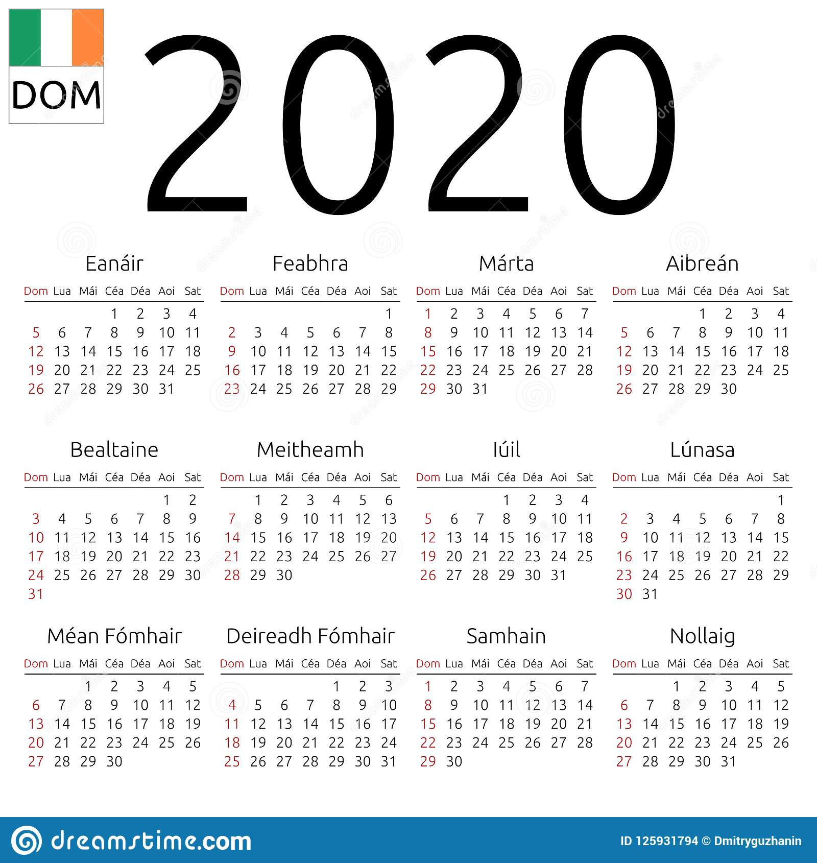 Calendar 2020, Irish, Sunday Stock Vector - Illustration Of