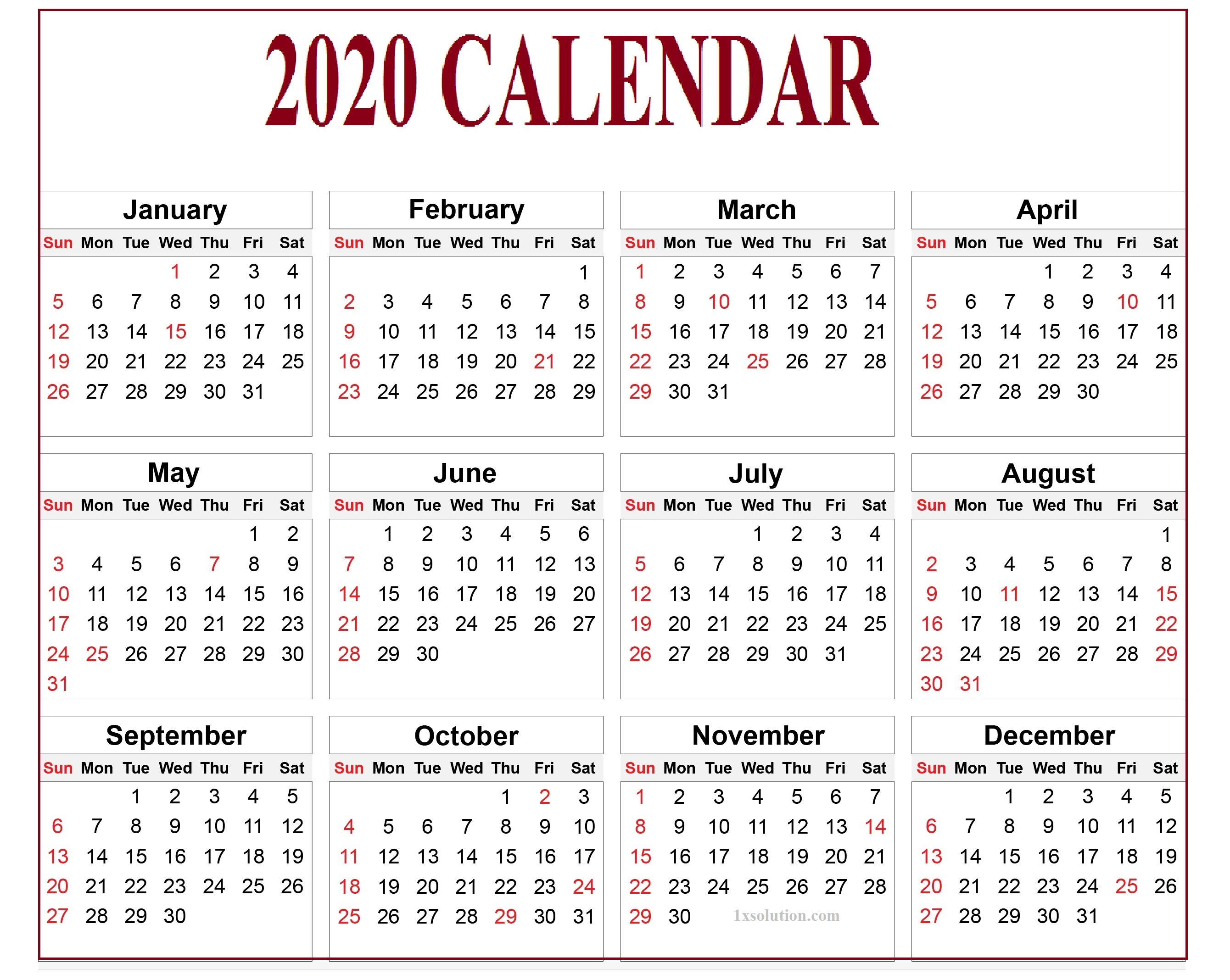 Calendar 2020 Pdf For Mark Your Daily Class |