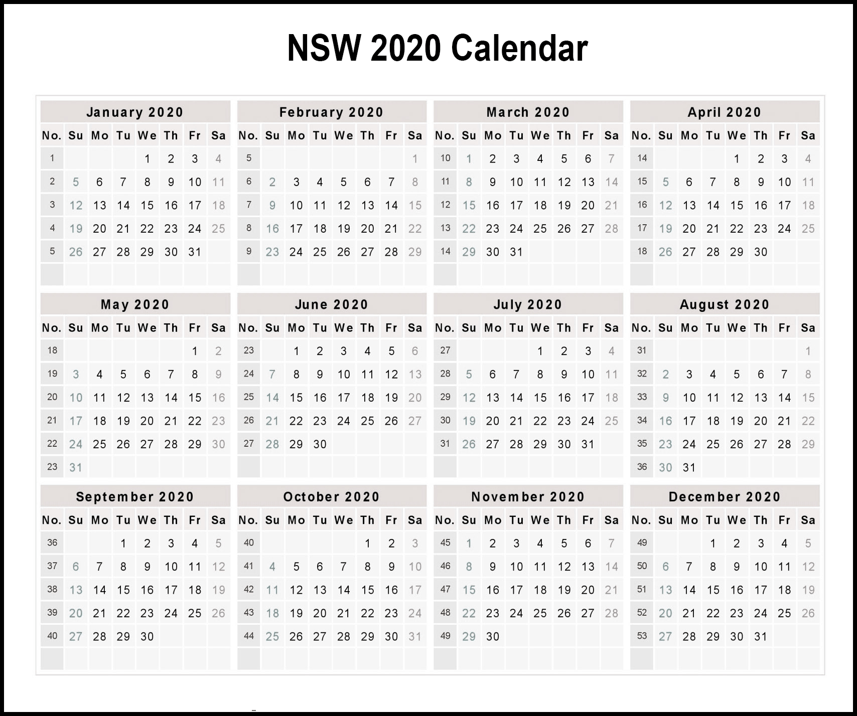 Calendar 2020 Templates With Nsw Holidays | Printable