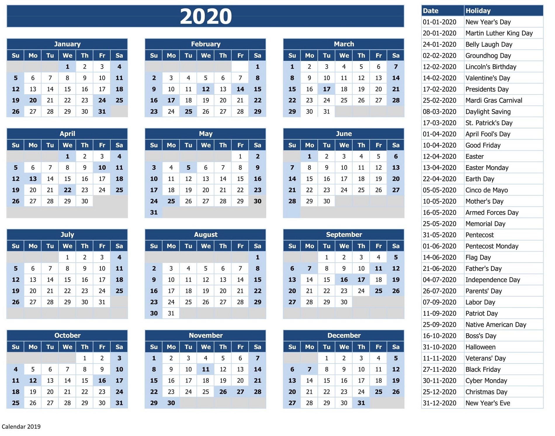 Calendar 2020 With Holidays Excel - Colona.rsd7