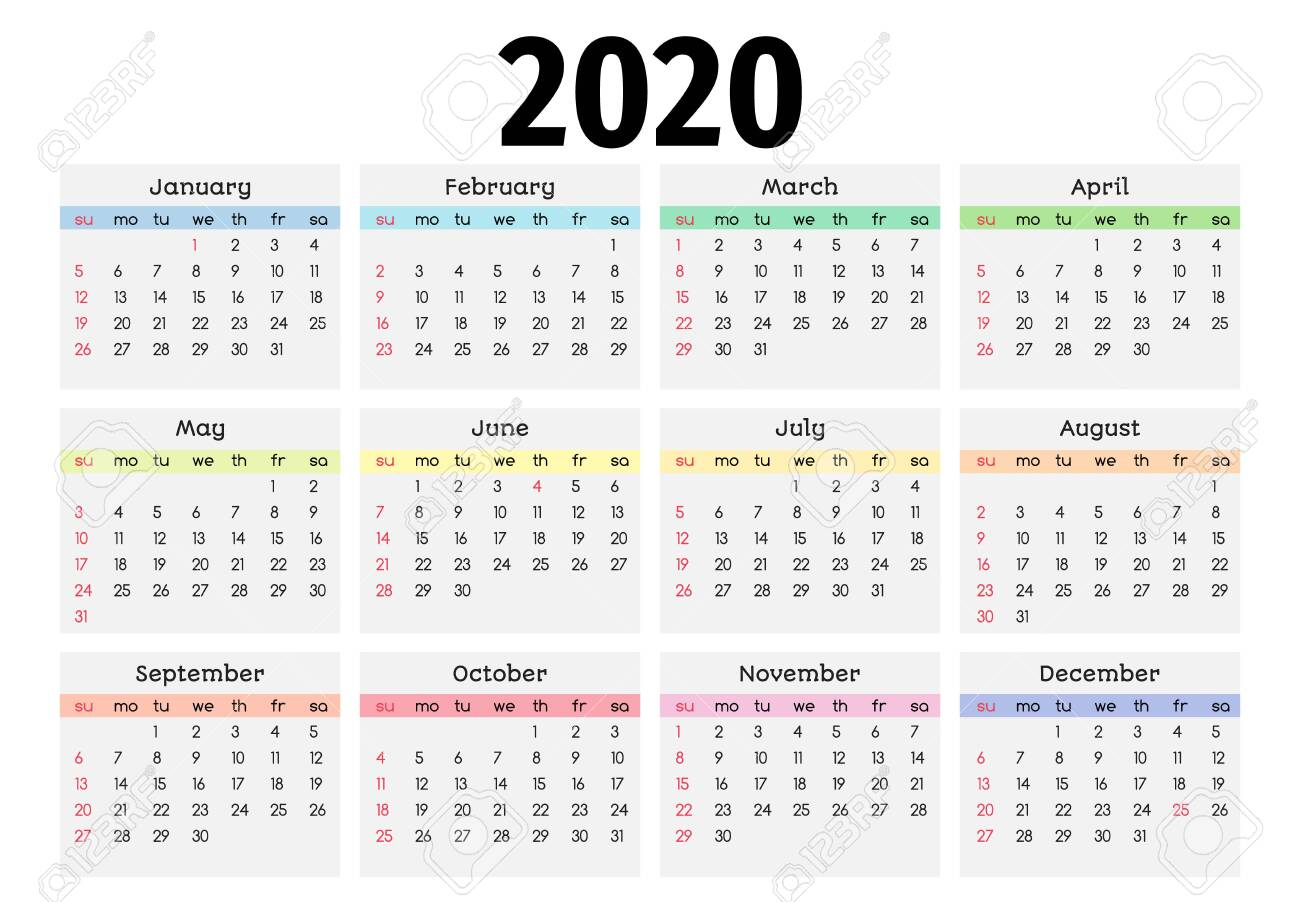 Calendar For 2020 Isolated On A White Background. Sunday To Monday,..