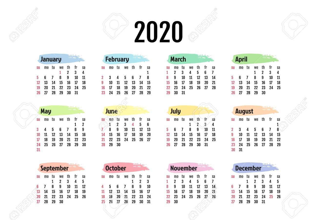 Calendar For 2020 Isolated On A White Background. Sunday To Monday,..