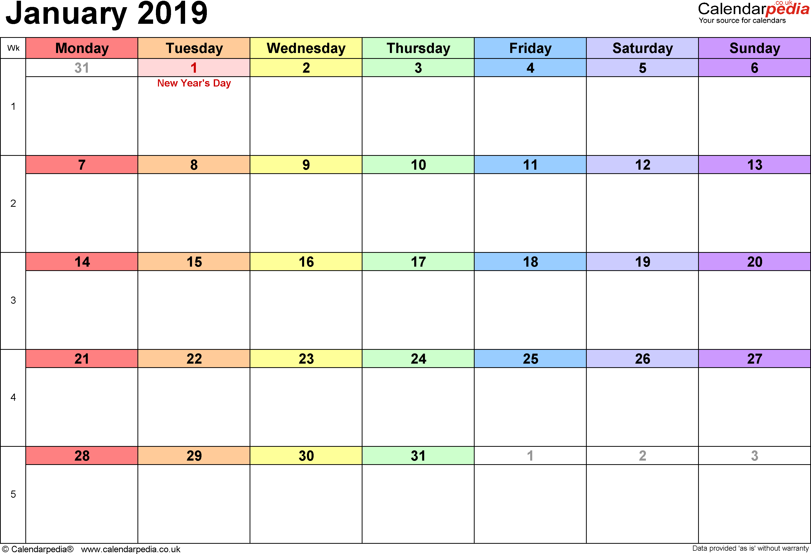 Calendar January 2019, Landscape Orientation, 1 Page, With