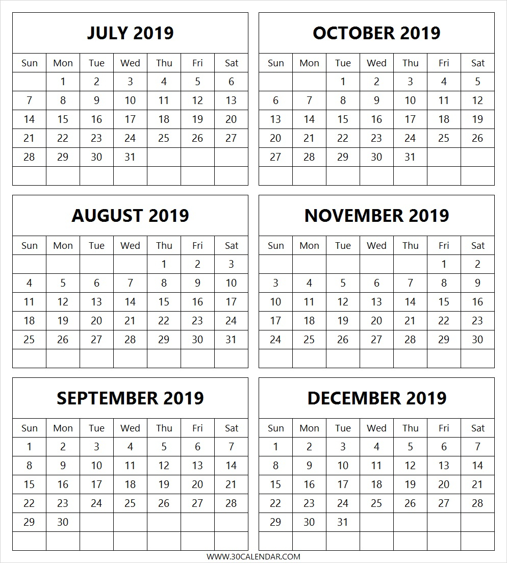 Calendar-July-2019-To-December-2019-Free - 30 Day Calendar