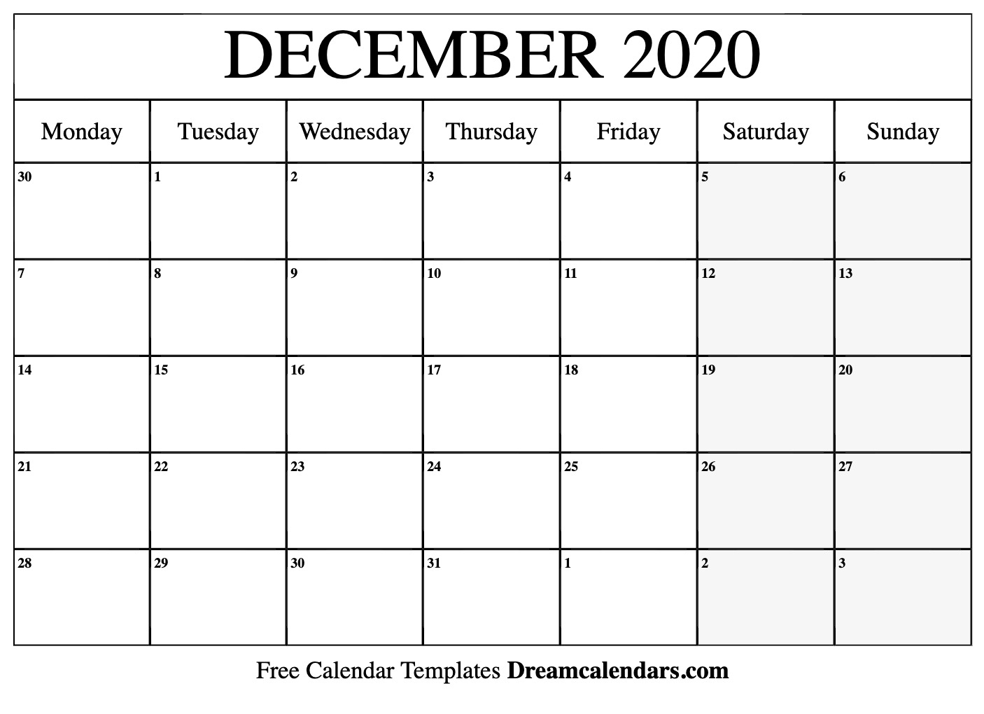 Calendar Monday-Sunday 2020 Monthly | Monthly Printable Calender