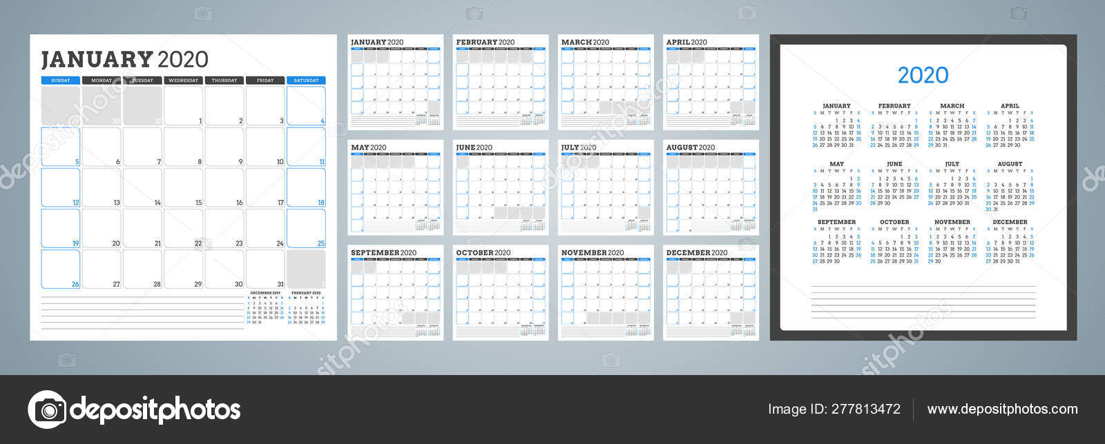 Calendar Planner For 2020 Year. Week Starts On Monday. Set