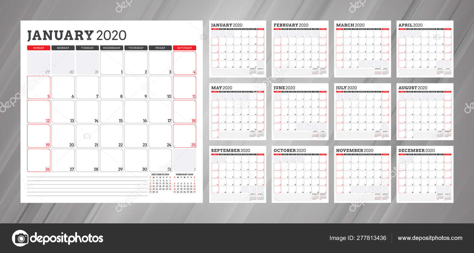 Calendar Planner For 2020 Year. Week Starts On Monday. Set